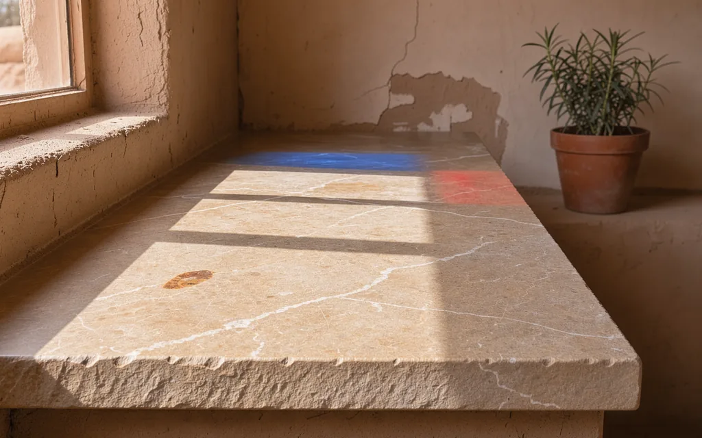 Sunlight and a plant cast soft shadows across a bare desert-room counter.