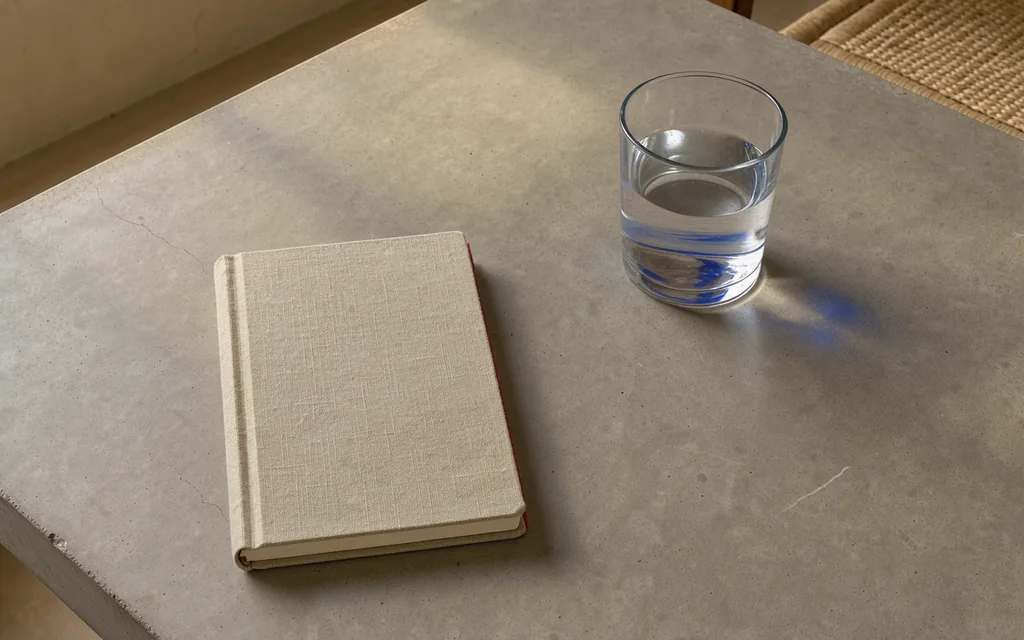 A closed plain notebook and a glass of water on a sunlit table.