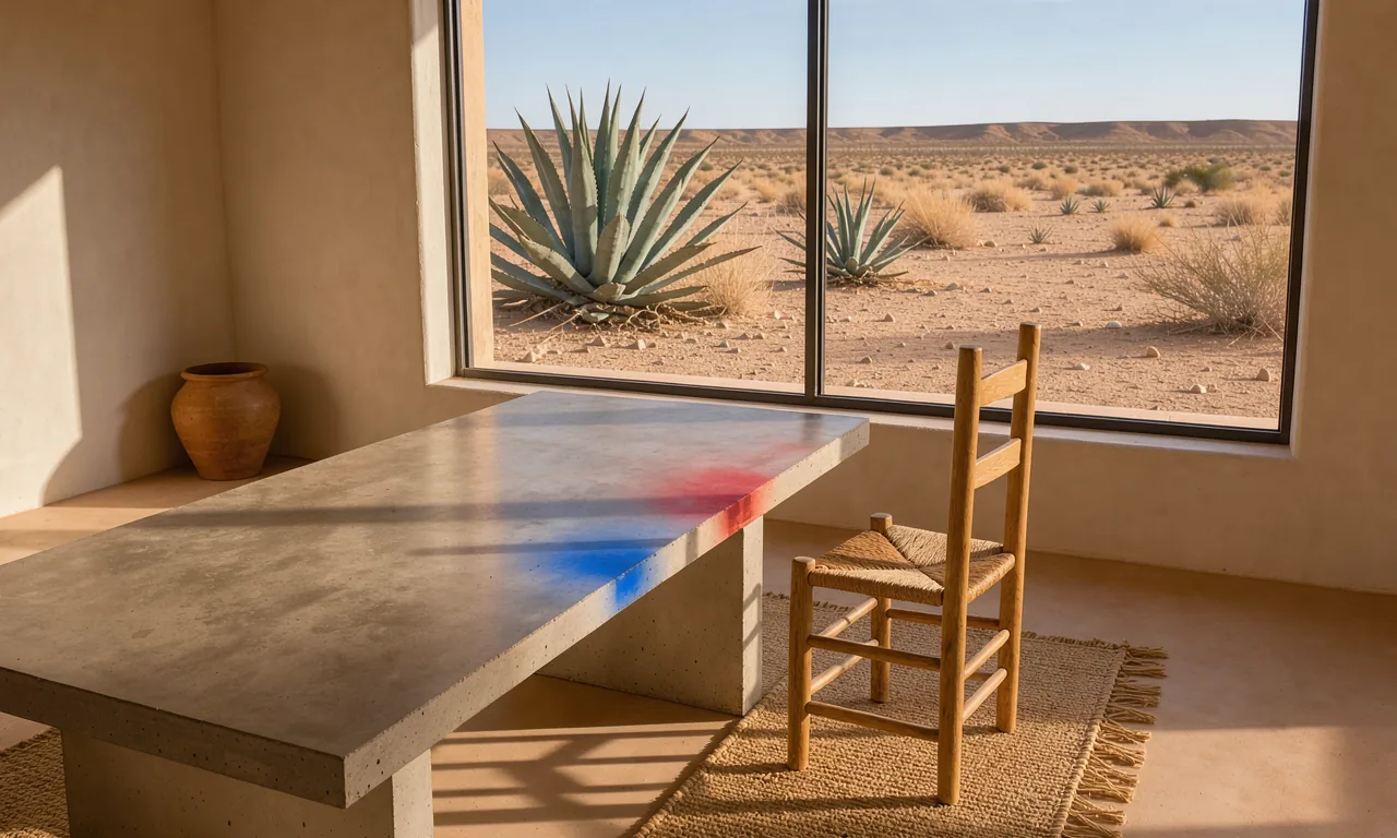 An empty table and chair by a window looking toward desert plants.